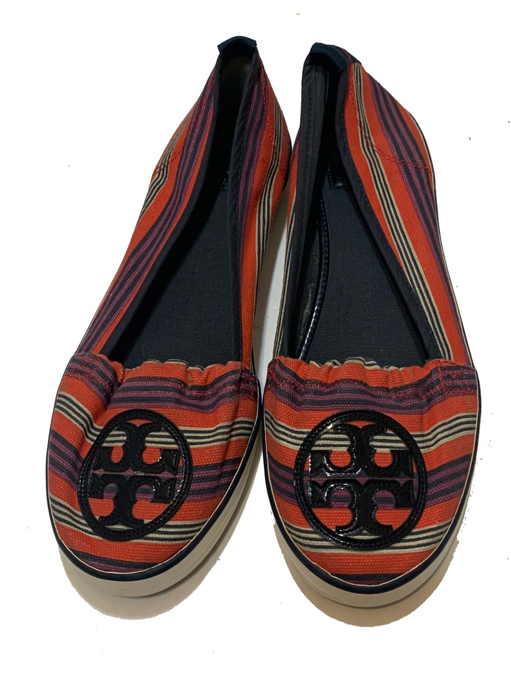 Tory Burch Red Orange Striped Canvas Logo Slip-On Flats